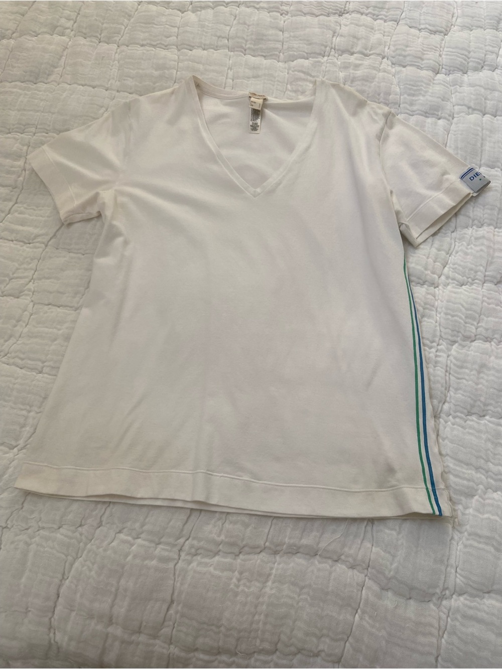 Diesel White V-Neck Tee with Green and Blue Side Stripes